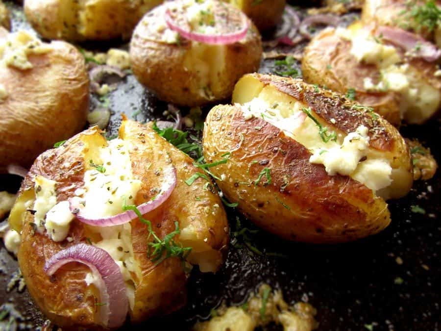 Greek Potatoes With Feta Cheese, Oregano, And Onion