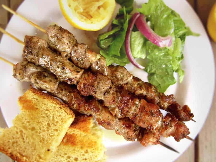 Greek Pork Souvlaki On Wooden Skewers