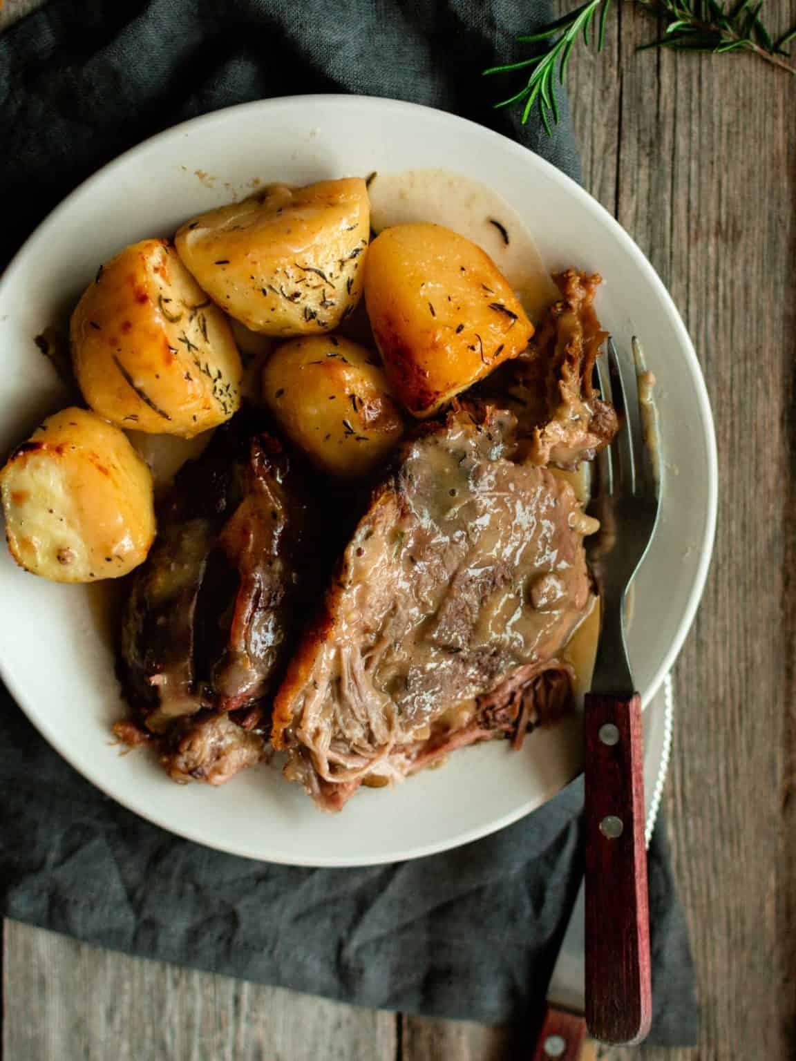 Slow Cooked Leg Of Lamb (with potatoes + gravy) - Real Greek Recipes